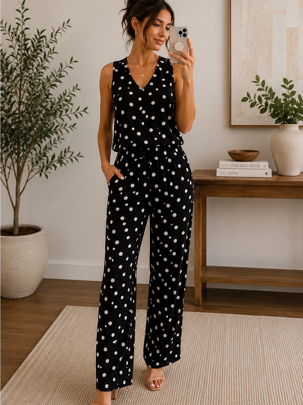 Chico’s Black White Polka Dot Jumpsuit – Wide Leg – Size 1 Chic